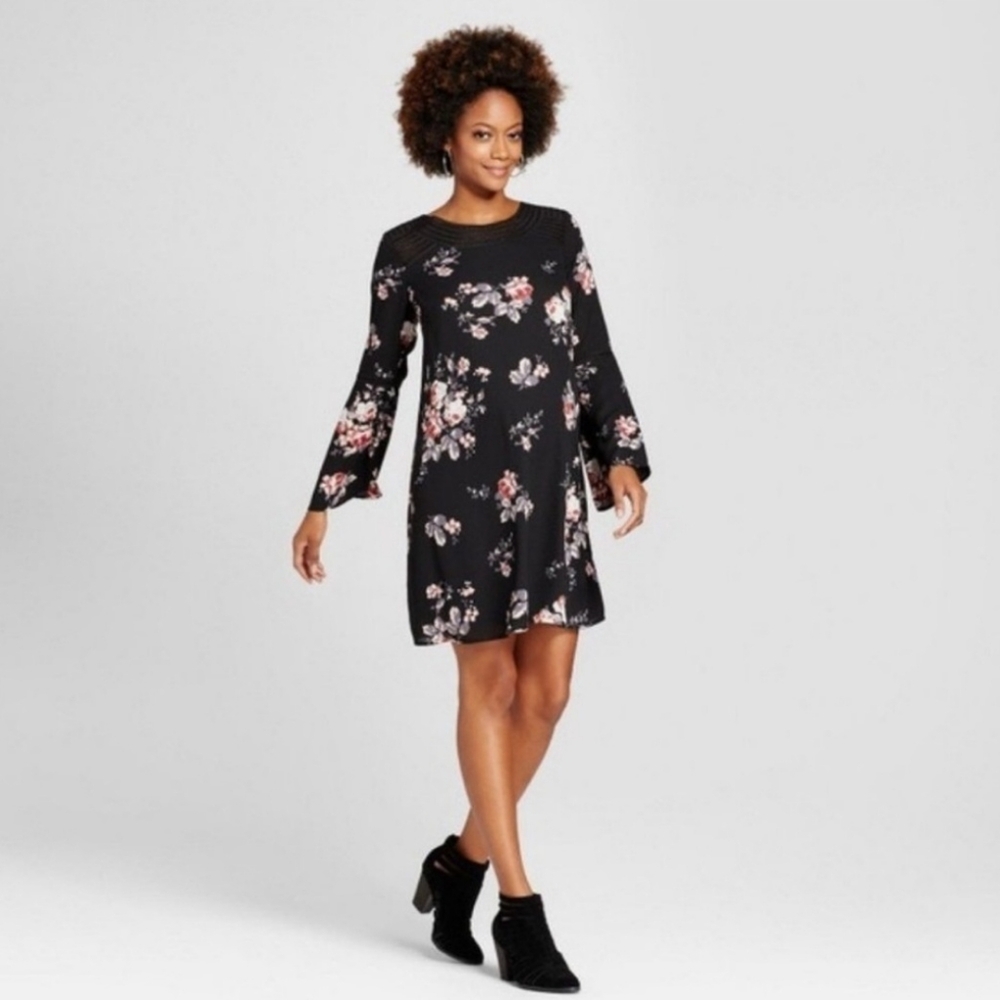 Isabel Maternity Boho-Chic Black Floral Mini Dress Size Large